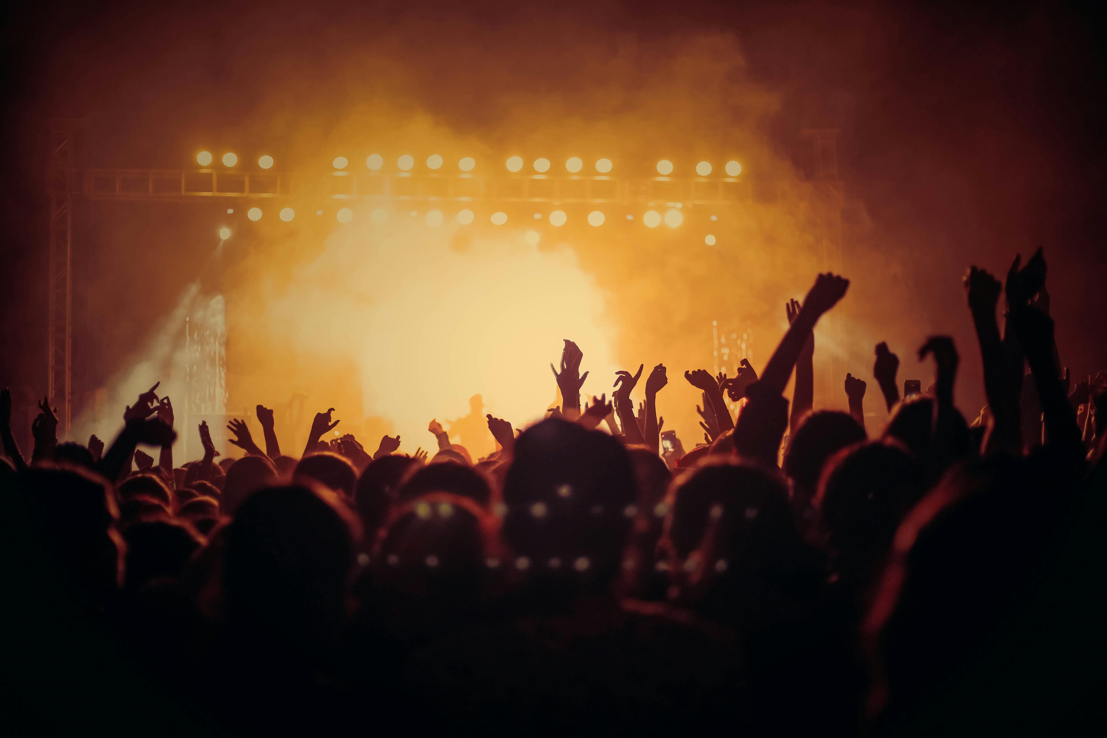 Vibrant concert crowd with raised hands and colorful stage lights.